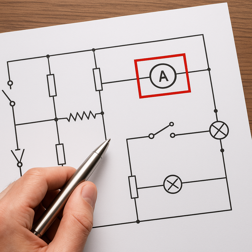Jak czytać schematy elektryczne z zaznaczonym amperomierzem.
